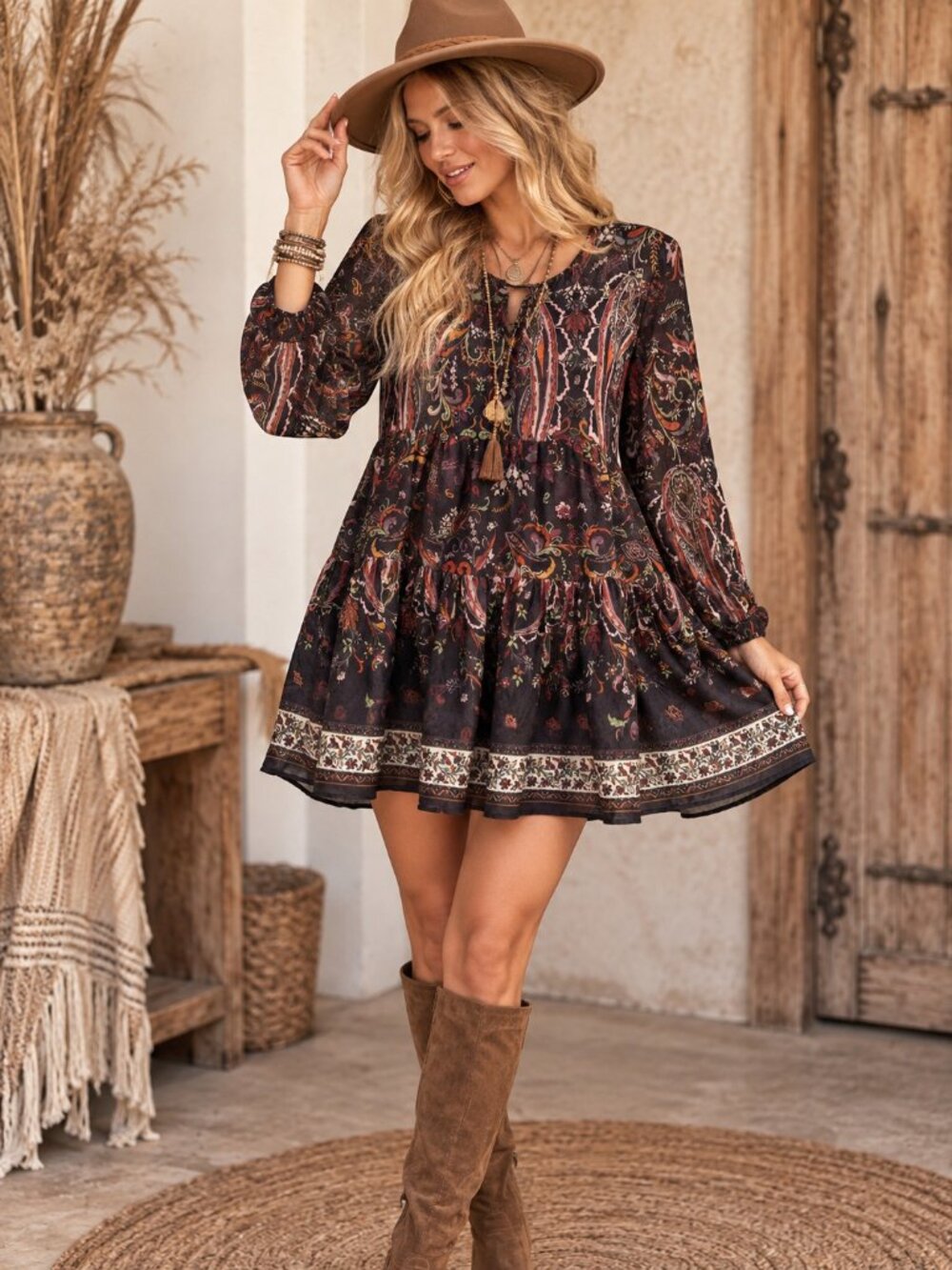 Replay Dark Paisley Florals Long Sleeve Boho Babydoll Dress S